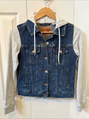 Levi's Blue Denim Jacket with Gray Hoodie Sleeves